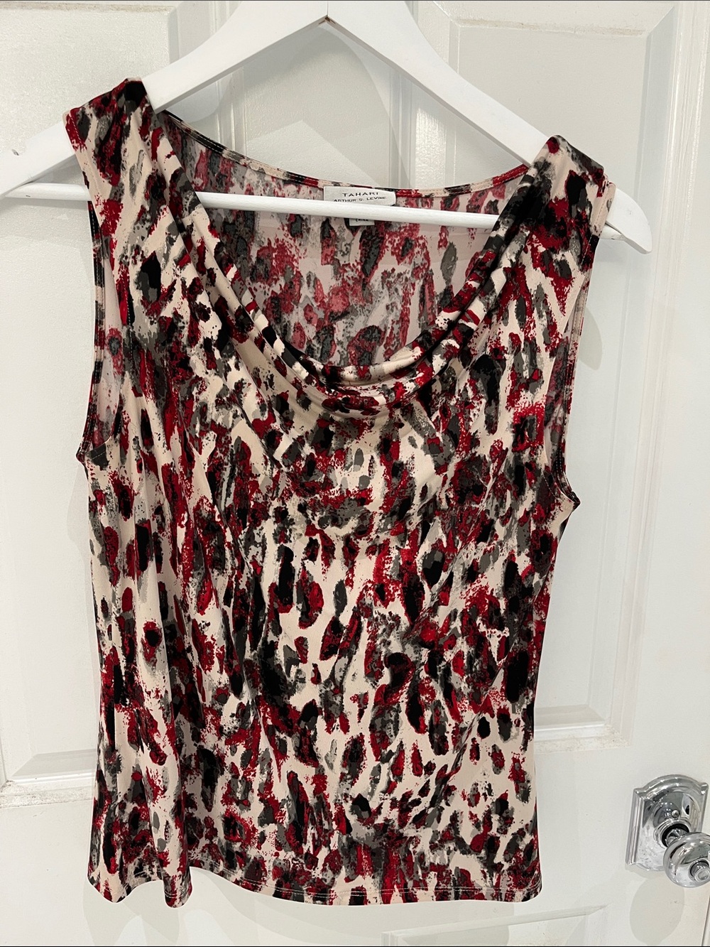 Tahari Red, Black & Cream Sleeveless Printed Cowl Neck Top